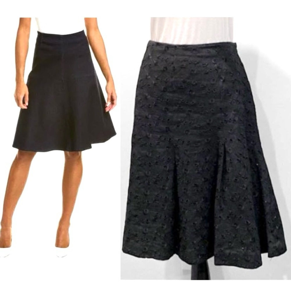 Anne Klein Black LINEN Embroidered Eyelet A-line Skirt Size 10